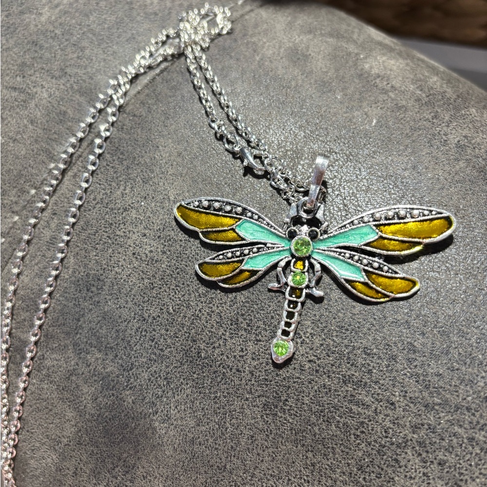 Dragonfly Necklace, 28” chain, Silver Tone